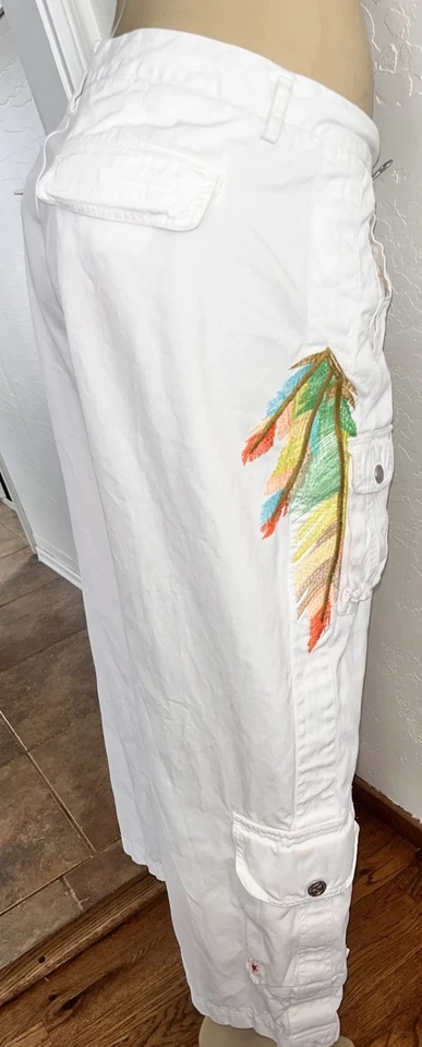 Pantalones cargo Johnny Was JWLA recortados bordados THUNDERBIRD FEATHER blancos talla XL Foto 4 de 4