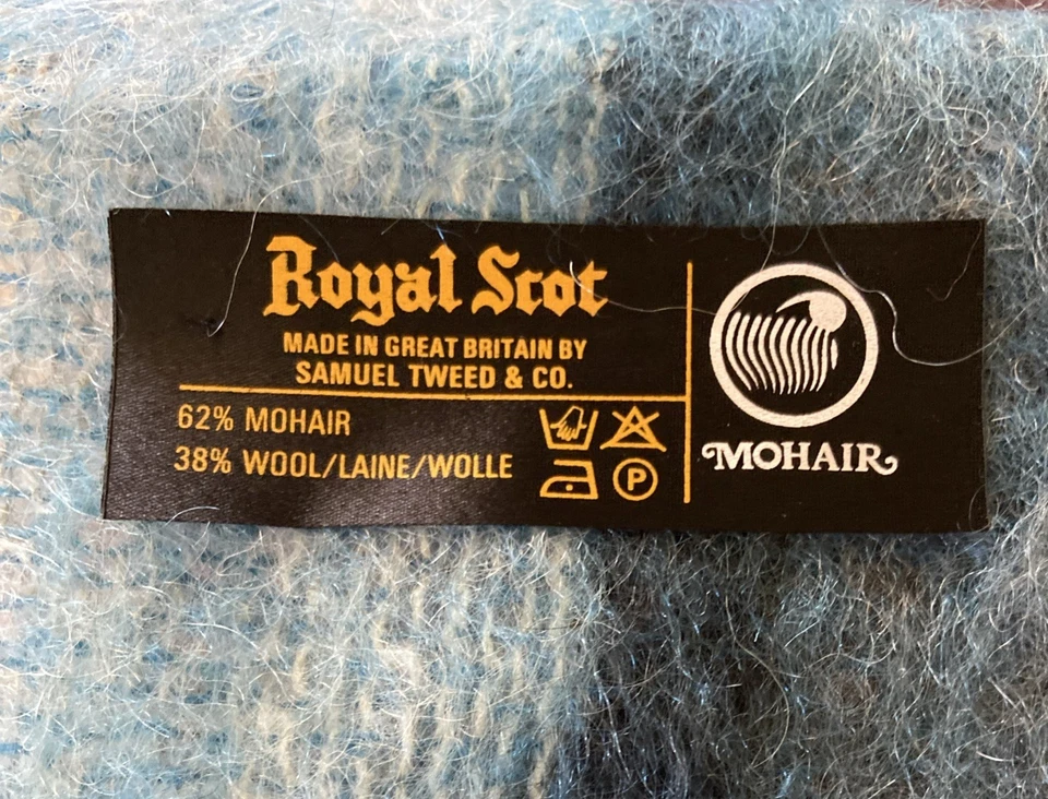 "Bufanda chal de lana mohair Royal Scot Samuel Tweed & Co. Gran Bretaña azul 9""x60""" Foto 4 de 4