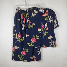Alfred Dunner Navy Blue Floral Rose Skirt Suit Set Vintage 12/14 Short Sleeve