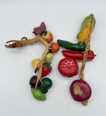Vintage Hanging Braided Sisal Rope Ceramic Fruit & Vegetables Set Of 2 Mexico