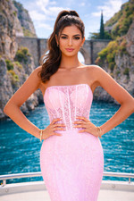 Long Pink Glitter Embroidered Beaded Lace Mermaid Corset Prom Dress Size 10