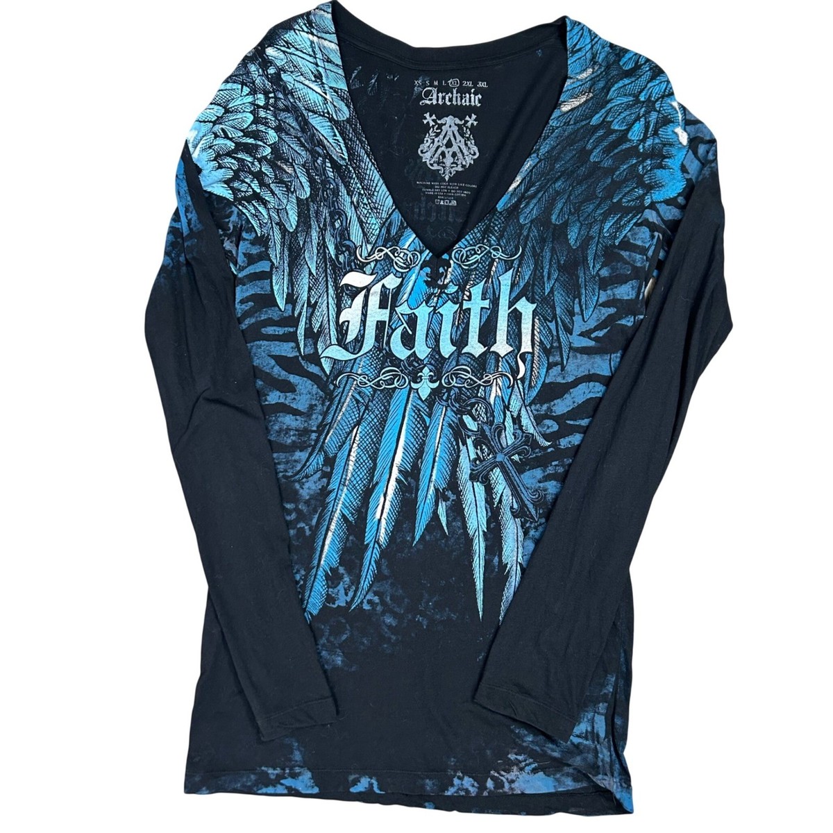 Y2K Archaic Graphic Print Top Women's XL Blue Angel Wing Long