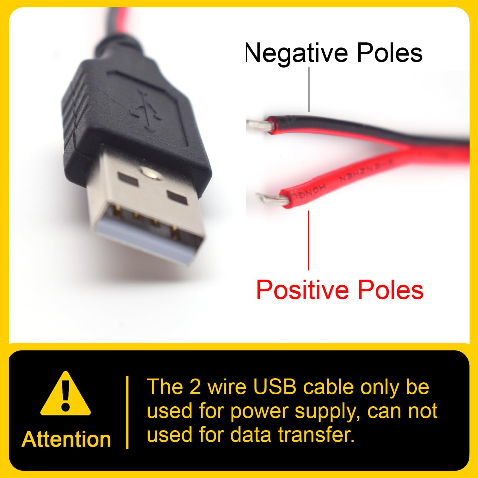1M 3.3FT 20AWG USB Male Pigtail 2-Pin Bare Wire 5V 5A Power Cable Cord