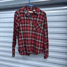 Womens Red Brown Plaid Long Sleeve Flannel Shirt Button Down Pocket Small