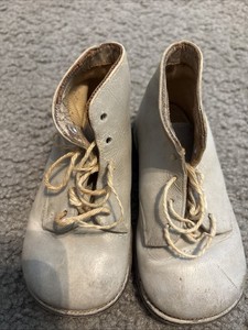 Vintage High Top Leather Baby Shoes Hard Sole Is 5-3/4” Long Grey First Walkers