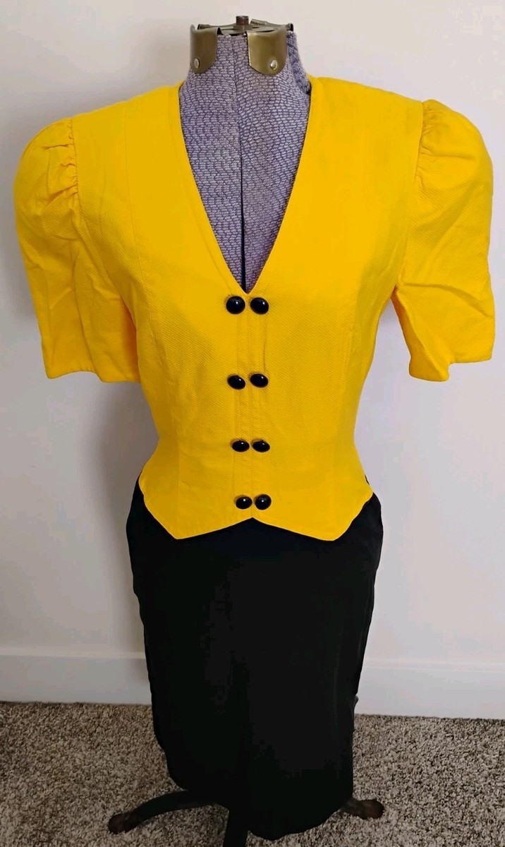 Vintage 80s Akira Dress 100% Cotton Sz 4/6 Yellow Multi Union-made