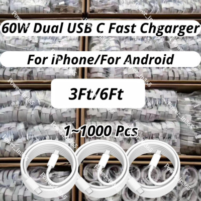 60W USB-C to Type C Fast Charger Cable PD Cord Lot For Android iPhone 15 ProPlus