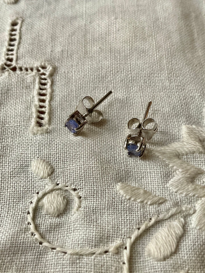 ANCIENNES BOUCLES D'OREILLES OR BLANC ARGENT MASSIF -TANZANITES VÉRITABLES - Photo 3/4