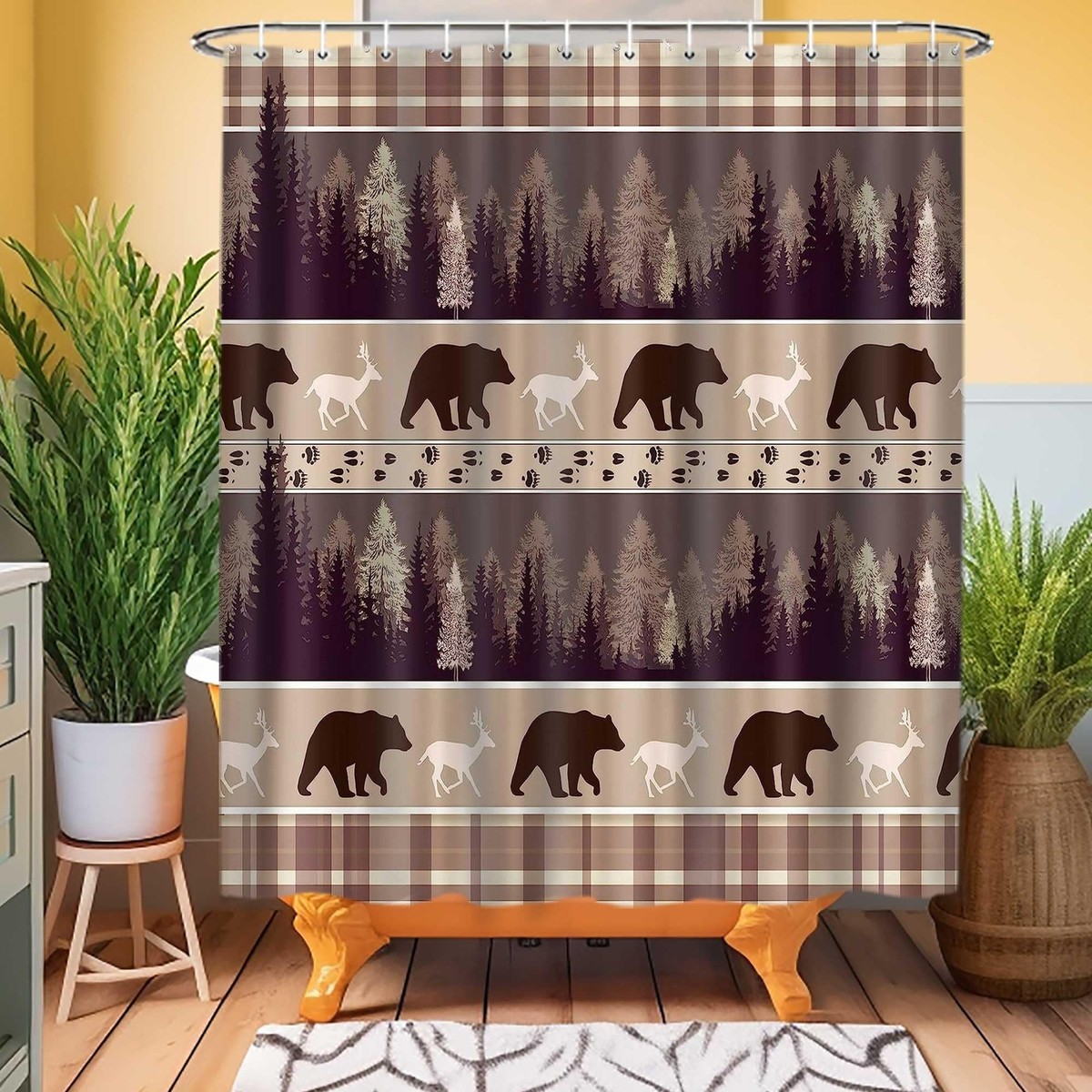 Woodland Bear Shower Curtain Set Rustic Bathroom Decor with