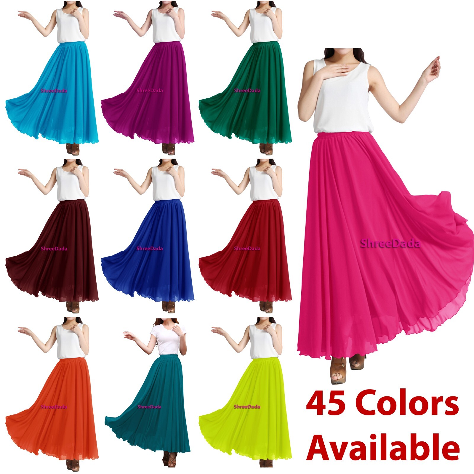 Women Maxi Skirt Chiffon Double Layer Please Retro Beach Long Dress | 45 colors-image