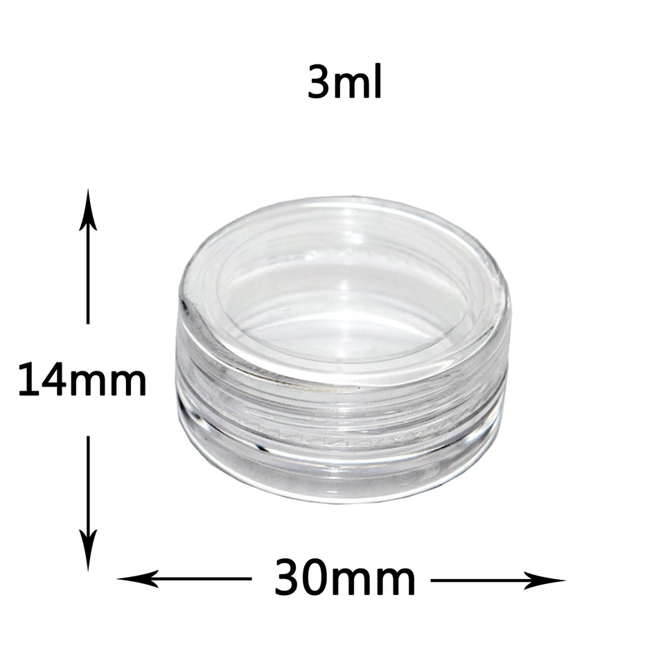 JAGUA LTD 3ml 3gm CLEAR PLASTIC SMALL SAMPLE JARS POT GLITTER CREAM NAIL ART STORAGE jgc