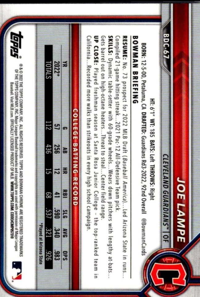 2022 Bowman Draft Chrome Joe Lampe Cleveland Guardians #BDC-67 - Image 2 of 2