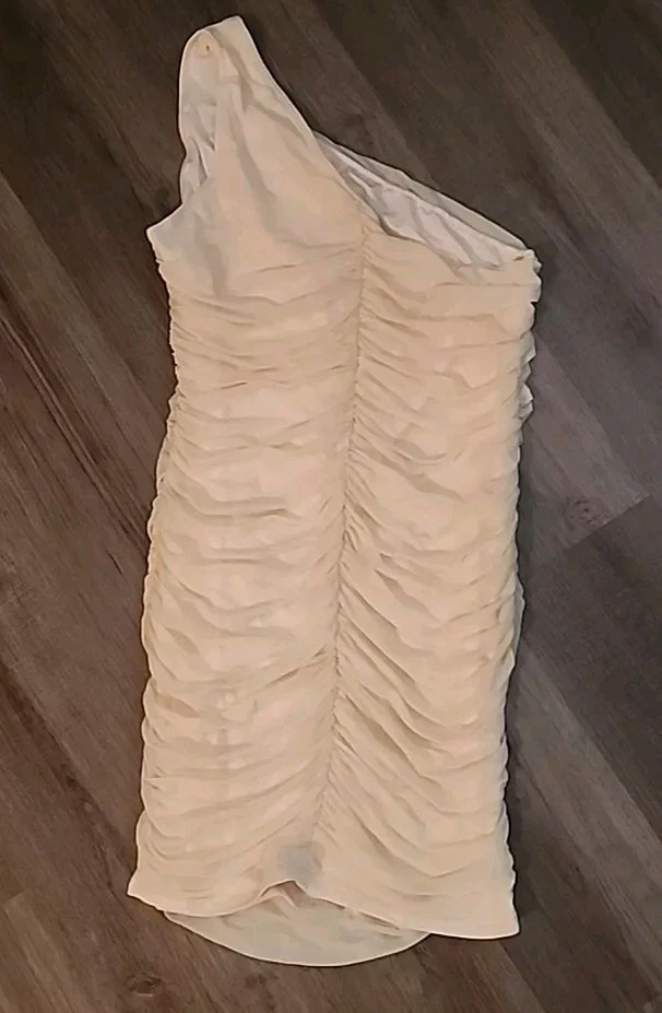 OFF WHITE Abito Anrabess XL panna formale monospalla lunghezza ginocchio bianco sporco