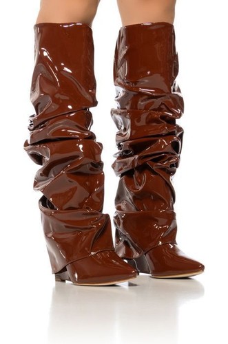 Runway American Style lässig plissiert Damen spitz zulaufend kniehohe Stiefel Keilabsatz - Bild 16 von 28