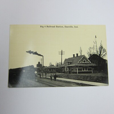 Train Postcard Danville Indiana Big 4 Railroad Station Photo Antique Litho Print