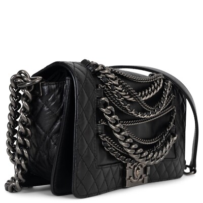 71519 auth CHANEL black leather 2013 ENCHAINED BOY MEDIUM Bag | eBay