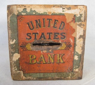 Antique United States Wood Coin Bank Paper Litho Alphabet Block Bliss type