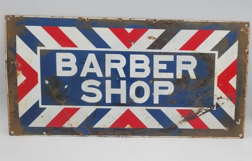Vintage Barber Shop Rustic Porcelain Enameled Metal Sign