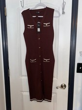 NWT Fashion Nova Brown Ribbed Midi Dress With Gold Buttons - Womans Size 2X