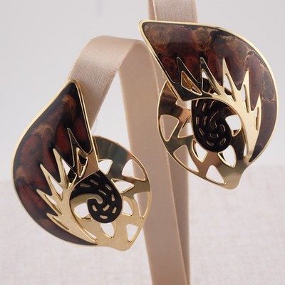 Vintage Berebi Brown black Enamel layered Gold Tone Pierced Earrings