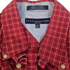 Vintage Tommy Hilfiger Red Plaid Shirt Men XL Y2K 2001 Crest Logo Classic Fit