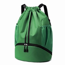 Sports Drawstring Backpack Swim Gym Bag Shoe Compartment Wet Pocket Dark Green