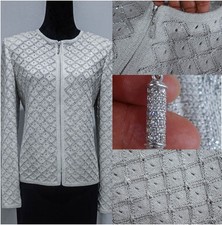 ST JOHN EVENING METALLIC SIVER Lacey RHINESTONE KNIT JACKET SZ 10.