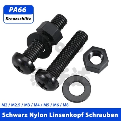 Schwarz Nylon Rundkopf Linsenkopf Schrauben Mit Mutter Unterlegscheibe Set M2~M8 - Bild 1 von 4