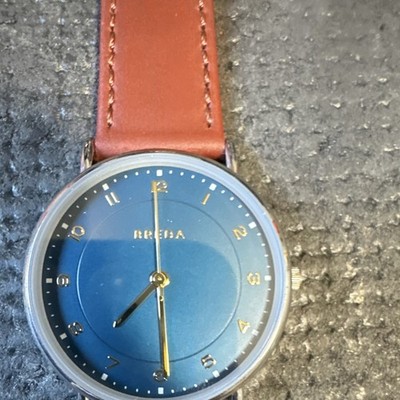 Breda Quartz Analog Wristwatch Blue Dial Brown Leather Strap Silver Case