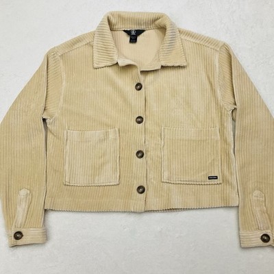 VOLCOM Women's XS Cropped Ivory Cream Thick Corduroy Collared Button Up Jacket