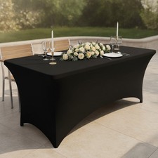 2 Pack Black Elastic Fitted Spandex Table Cloths for 6FT Rectangular Tables