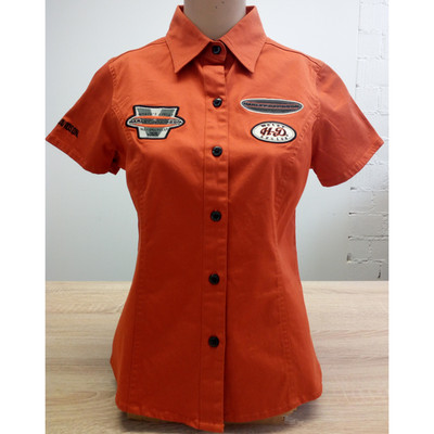 HD Stretch Woven Kurzarm Bluse Orange Damen Harley Davidson NEU