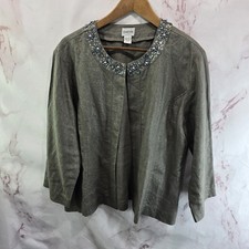 Chicos Jacket Womens Large 2 Brown Linen Open Beaded Sparkle Shimmer Metallic