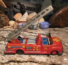 Vintage Tin Litho Fire Engine Ladder Truck Friction Toy Japan