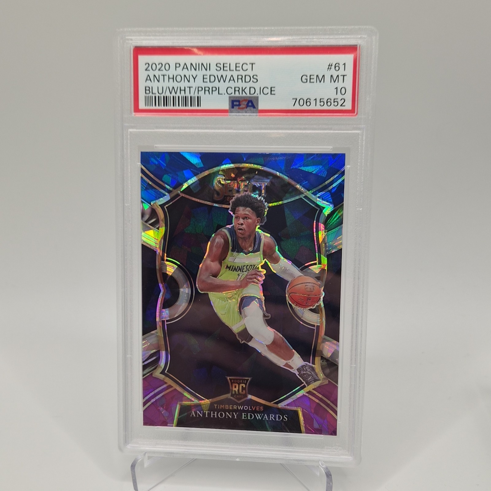 Panini Select 2020 Anthony Edwards #61 Blue/White/Purple Cracked Ice RC PSA10