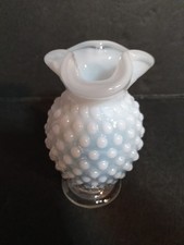 Vintage Fenton White Opaline Opalescent Glass Hobnail Ruffle Top Mini Vase 4" T