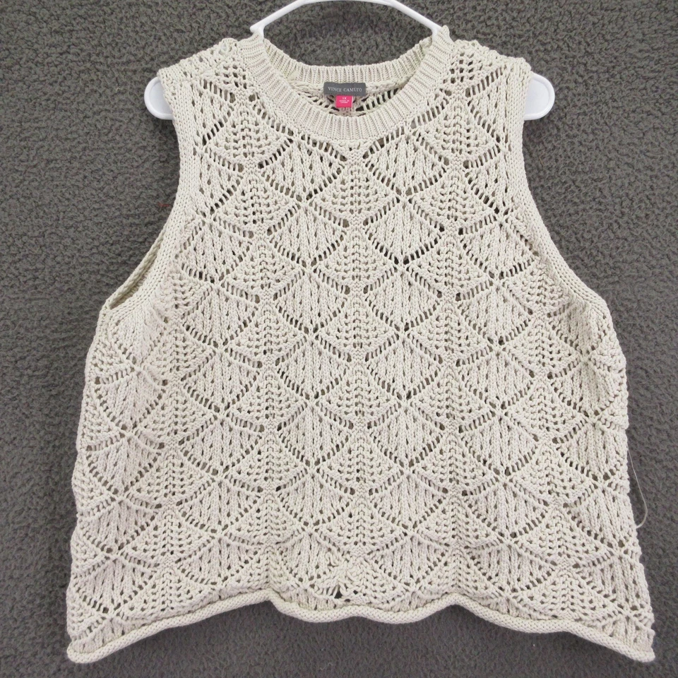 Suéter sin mangas Vince Camuto para mujer 1X crema tejido abierto ganchillo sin mangas concha Foto 3 de 4