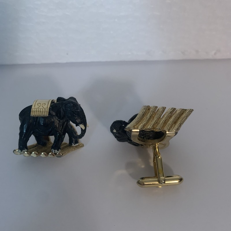 Elephant Cufflinks Unique Black Gold Tone 2-D Wildlife Endangered Pre-loved
