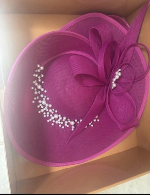 Purple Wide Brim Fascinator Hat Flower Pearl Accent Headband, Polyester