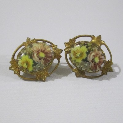 Miriam Haskell Porcelain Clip Earrings Signed Screw Backs Has Small Flaw
