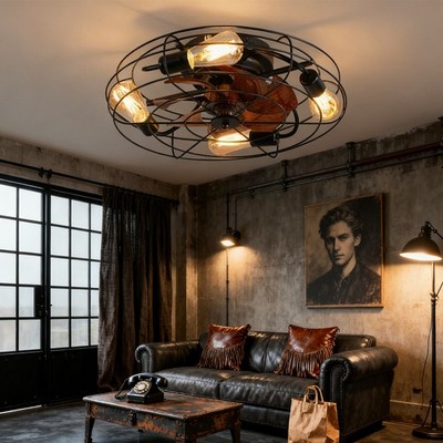 Black 20 inch Caged Ceiling Fan Light Flush Mount w Remote Control Kit Farmhouse