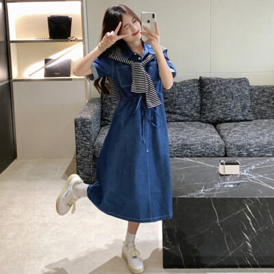 Japanese women girls preppy short-sleeved denim dress denim high waist  casual