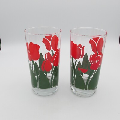 Vintage Nina 1983 Red Tulip Flower Glasses 10 oz Set Of 2 Please Read