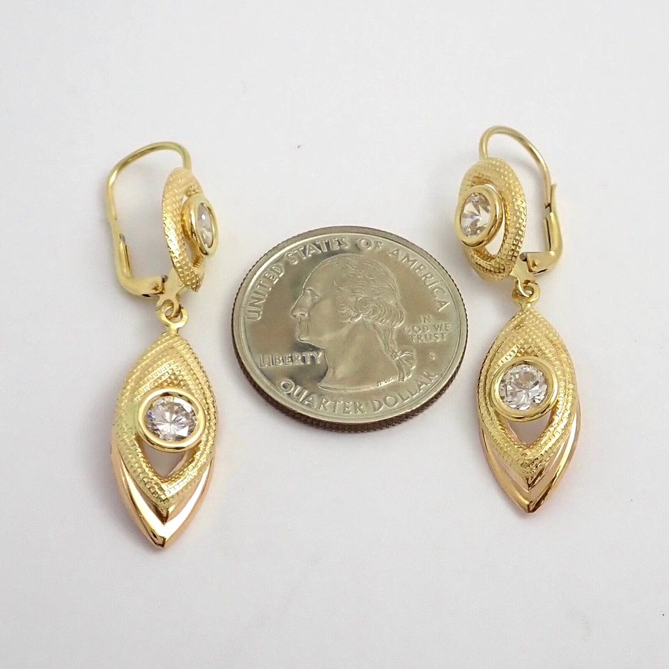 Solid 18k Rose Yellow Gold Marquise Dangle Leverback Earrings 750 Italy New - Image 3 of 4