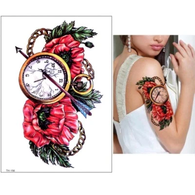 JUSTFOX Temporary tattoo clock time transience arrow design adhesive tattoo body art