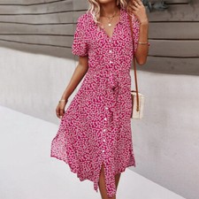 Women Sundress V Neck Summer Midi Dress Ladies Short Sleeve Holiday Sexy Lace up