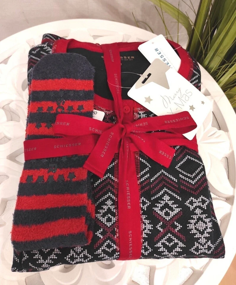 Schiesser Set Pyjama Socken 36 S 38 M 40 L 42 XL blauschwarz rot Schlafanzug - Bild 3 von 4