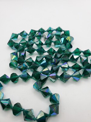 Vintage Facets By Spectrum Aurora Borealis Green Crystal Sterling Clasp 42''