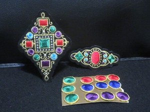 VINTAGE EMBROIDERED APPLIQUÉ GEM DESIGN PATCHES ~ MULTI COLOR w/ GOLD TRIM