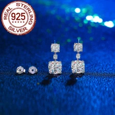 Sparkling White Cubic Zirconia Square Dangle Drop Earrings 925 Sterling Silver